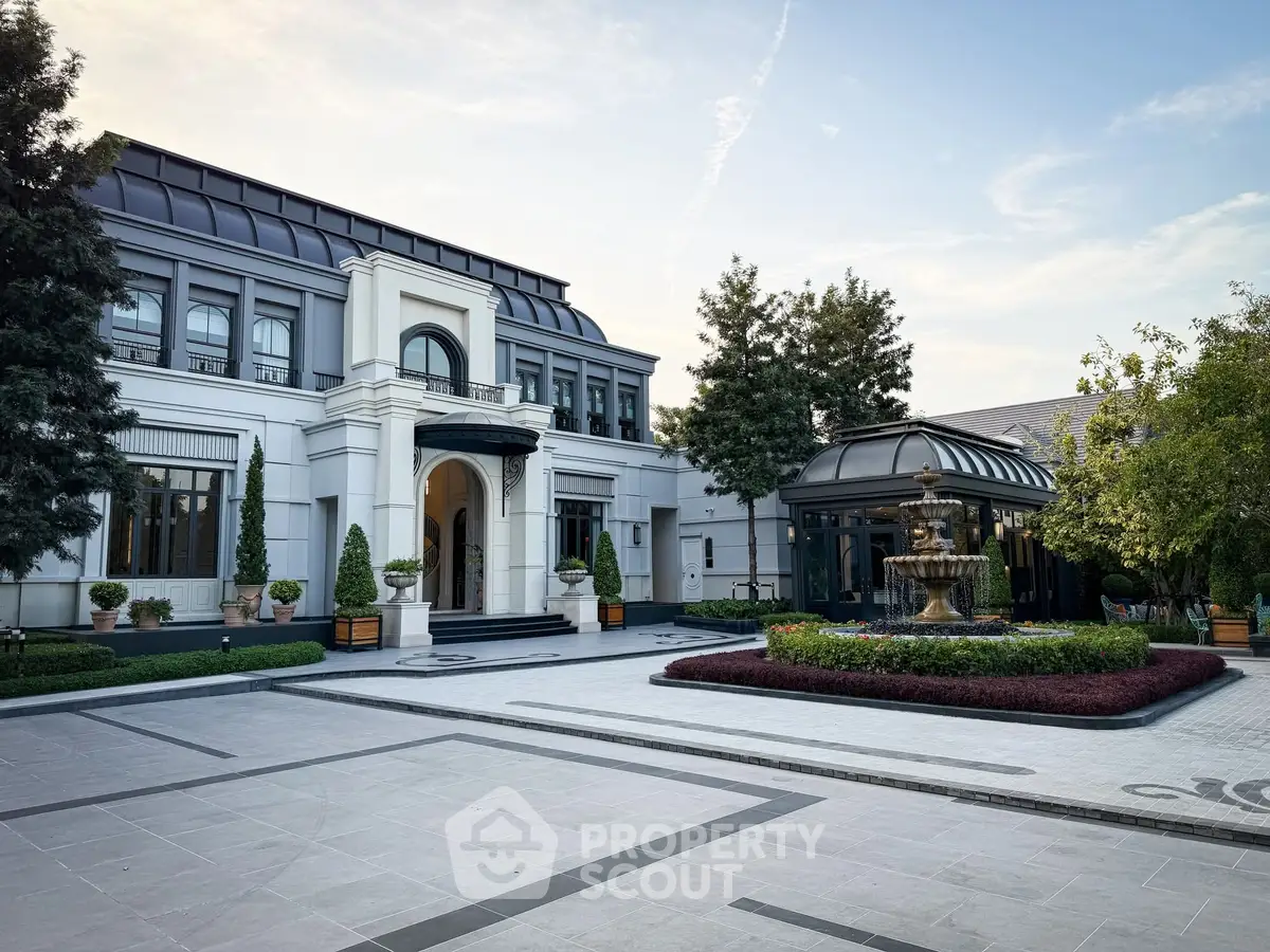 Luxurious mansion with elegant architecture and beautiful garden fountain