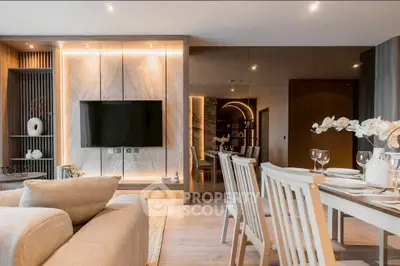 Luxurious modern living room with elegant dining area and ambient lighting