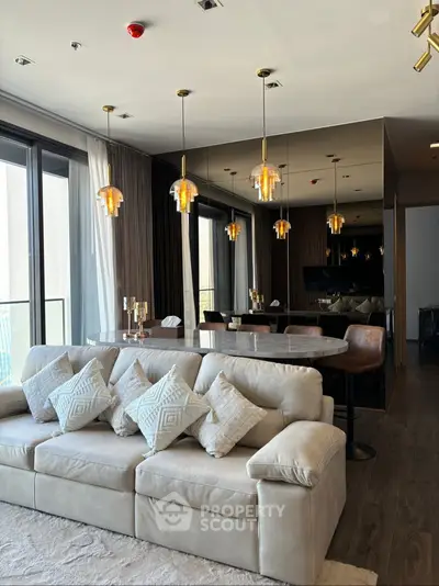 Luxurious modern living room with elegant lighting and plush sofa
