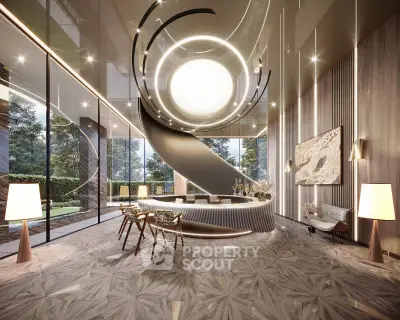 Luxurious modern lobby with spiral staircase and elegant decor, showcasing stunning architectural design.