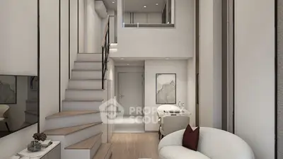 Modern duplex interior with stylish staircase and cozy seating area