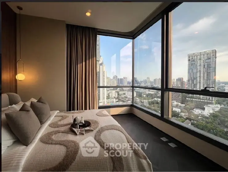 Luxurious modern living room with panoramic city view and stylish decor