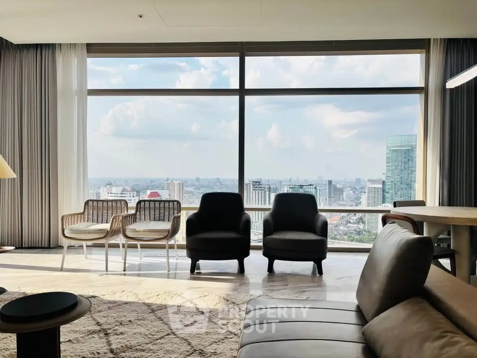 Luxurious living room with panoramic city view, modern furniture, and abundant natural light.