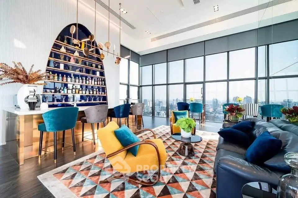 Luxurious modern living room with panoramic city views, stylish furniture, and elegant bar area.