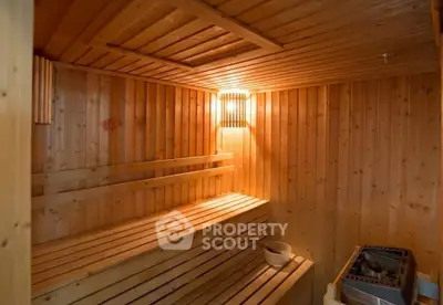 Luxurious wooden sauna room with warm lighting and seating benches.