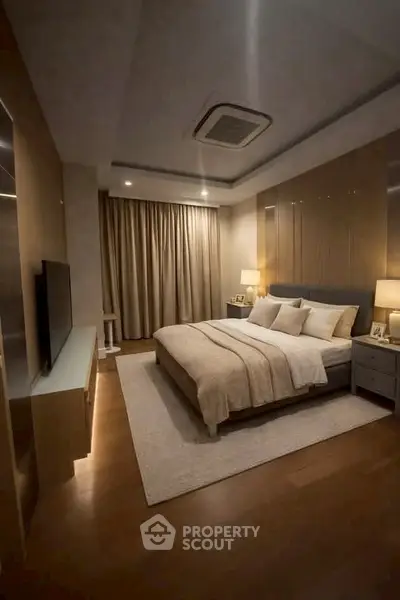 Luxurious bedroom with modern decor and ambient lighting