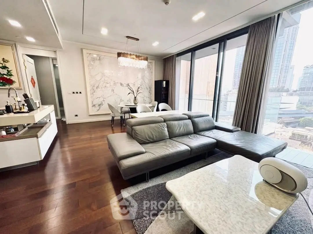 Luxurious modern living room with elegant decor and city view