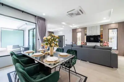 Luxurious modern living room with elegant dining area and stylish decor