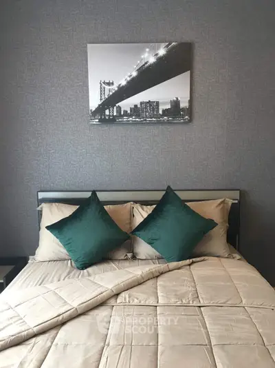 Modern bedroom with stylish decor and elegant bedding