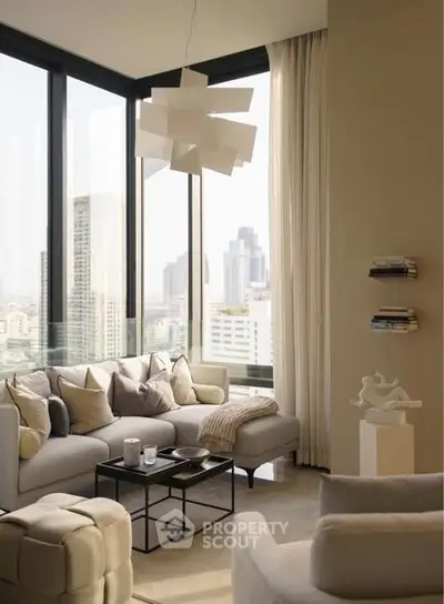 Luxurious modern living room with panoramic city views and elegant decor
