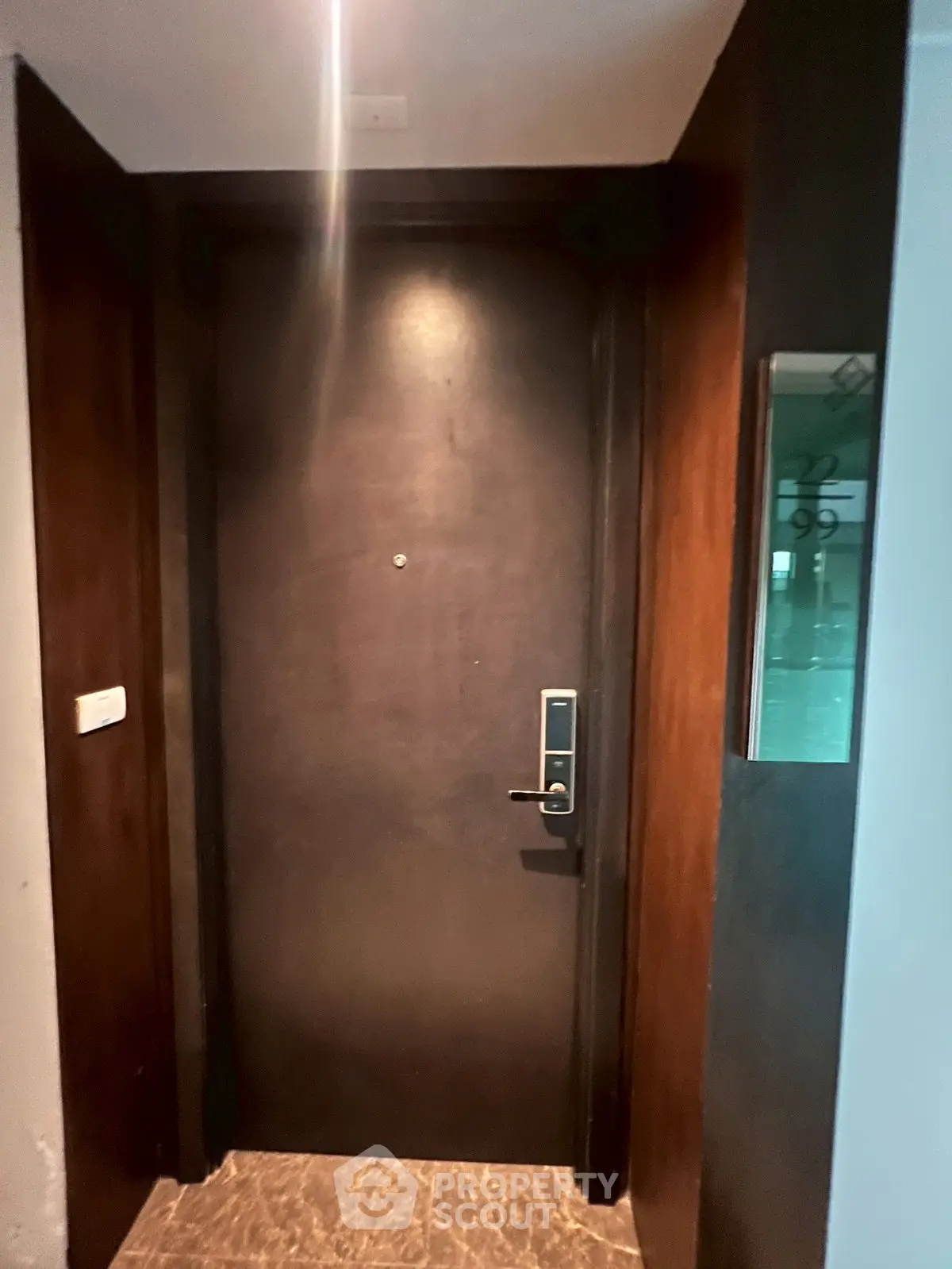 Elegant apartment entrance with modern door and digital lock system