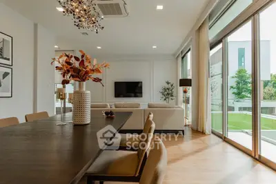 Luxurious open-plan living room with modern decor and garden view