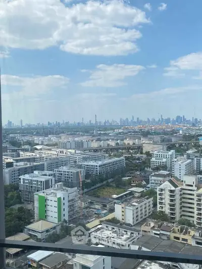 Stunning cityscape view from high-rise building showcasing urban skyline and clear blue sky.