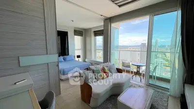Luxurious high-rise condo with stunning city view, spacious living area, and modern bedroom.