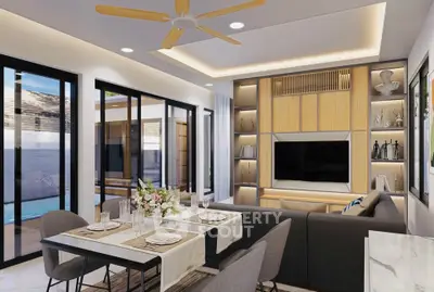 Modern living room with open layout and pool view, featuring stylish decor and ample natural light.