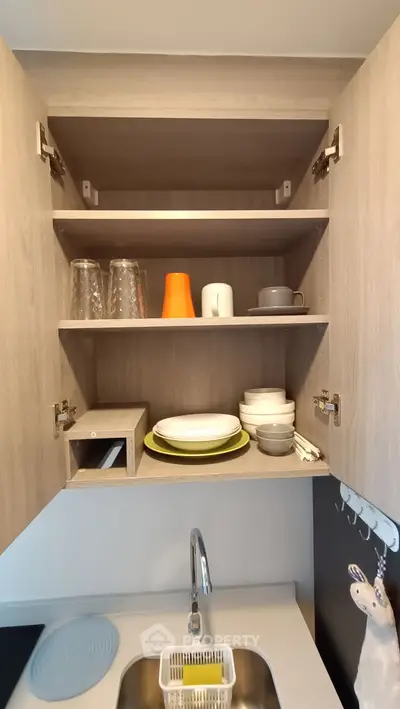 Modern kitchen shelves with stylish dishware and decor