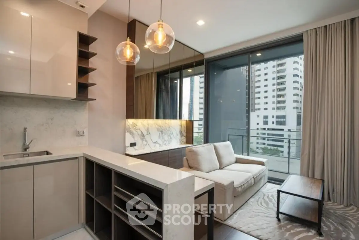 Modern living room with open kitchen and city view in luxury apartment