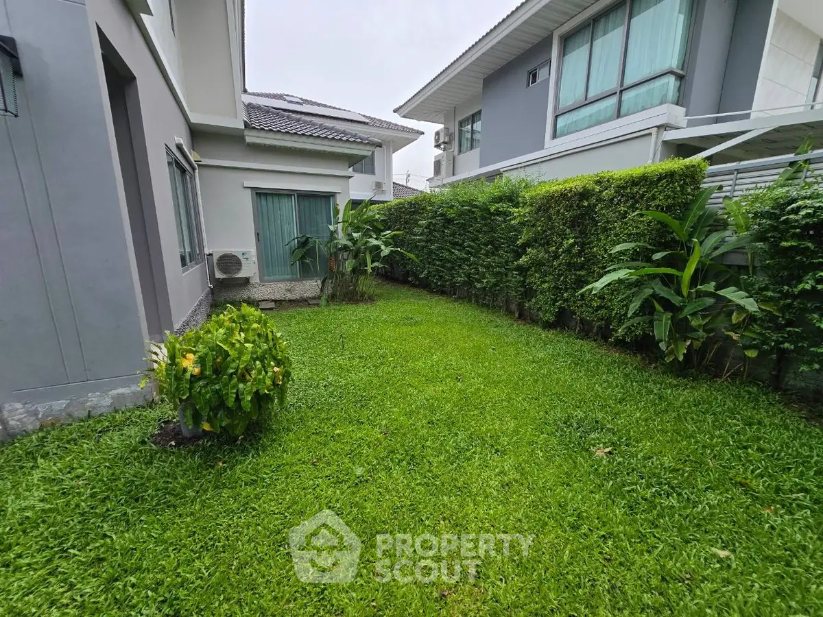 Charming garden view of modern residential property with lush greenery and privacy hedges.