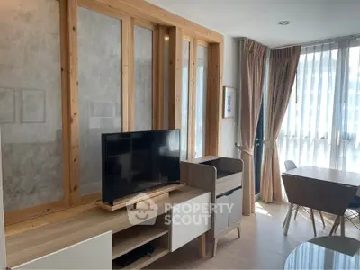 Modern living room with stylish wooden accents and natural light