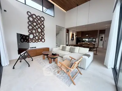 Luxurious modern living room with high ceilings and stylish decor