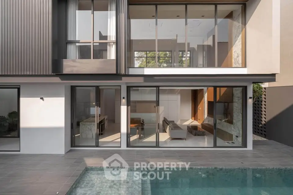 Modern luxury home exterior with pool and large glass windows showcasing elegant interior design.
