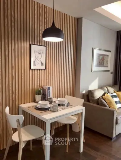 Chic modern living room with cozy dining area and stylish decor