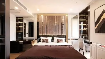 Luxurious modern bedroom with elegant decor and ambient lighting