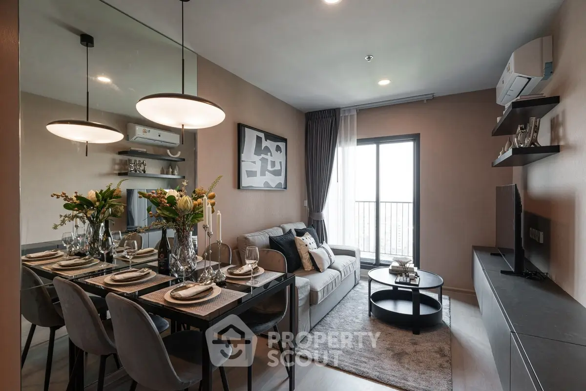 Modern living room with elegant dining area and balcony view in a stylish apartment.