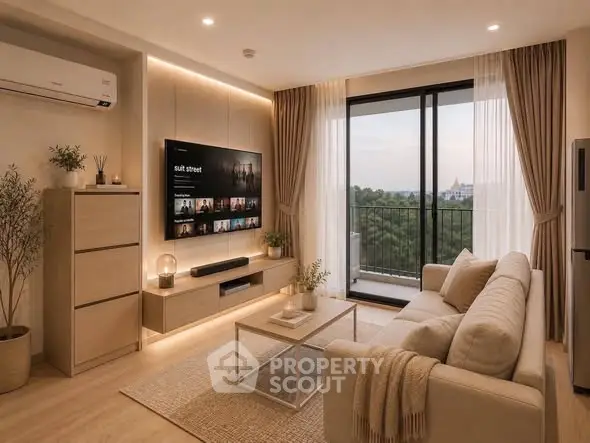 Modern living room with cozy sofa, large TV, and stunning balcony view.