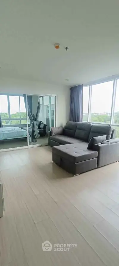 Modern living room with large windows and stylish gray sofa, offering a bright and inviting atmosphere.