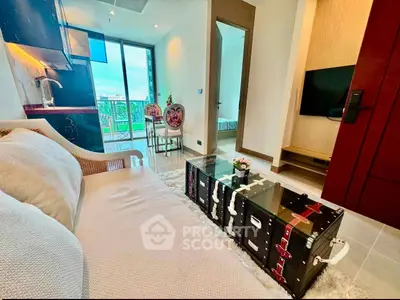 Modern living room with stylish decor and balcony view in a luxury apartment