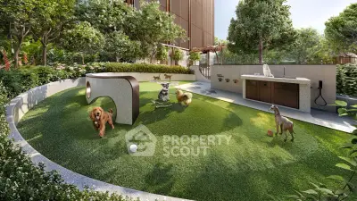 Luxurious pet-friendly outdoor garden with modern amenities and lush greenery in a high-end residential complex.