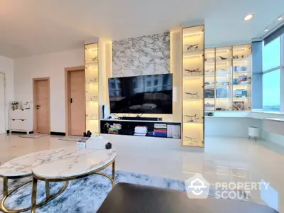 Luxurious living room with marble accents and built-in display shelves