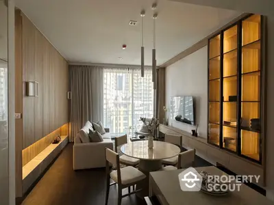 Elegant modern living room with natural light filtering through large windows, featuring sleek furniture and warm wooden accents.