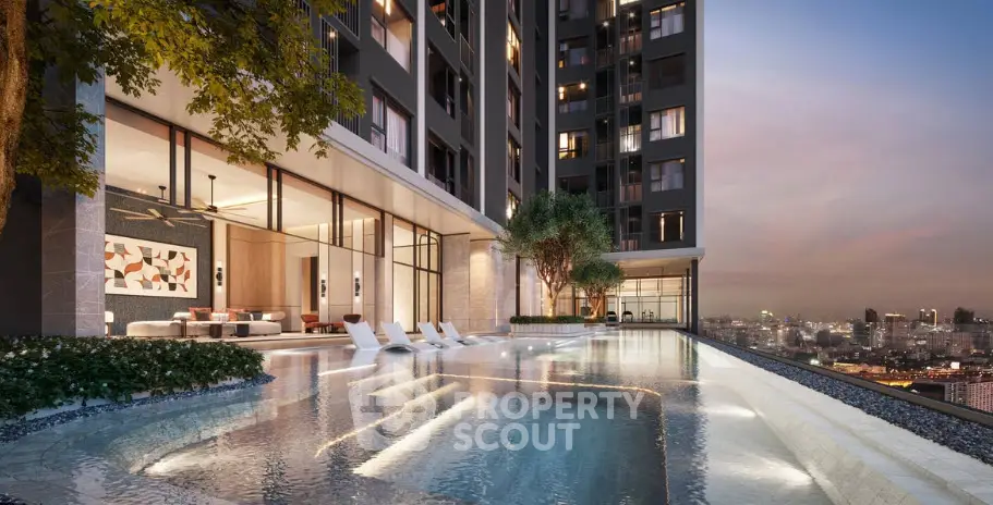 Luxurious rooftop infinity pool with stunning city skyline view at sunset