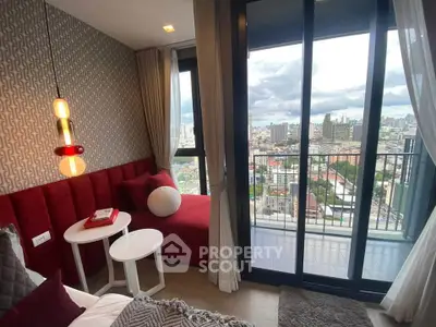Stylish modern bedroom with city view and balcony access in high-rise apartment.