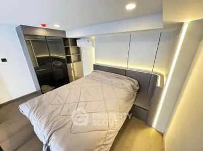 Modern bedroom with sleek design and ambient lighting, featuring a cozy bed and built-in wardrobe.