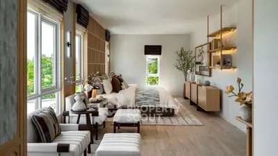 Luxurious bedroom with elegant decor and large windows offering stunning garden views.