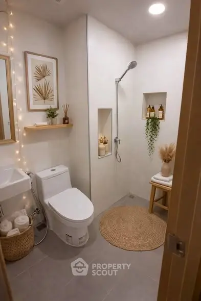 Modern bathroom with elegant decor and walk-in shower, featuring stylish lighting and natural accents.