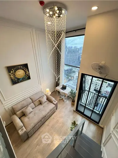 Stunning modern living room with high ceiling and city view