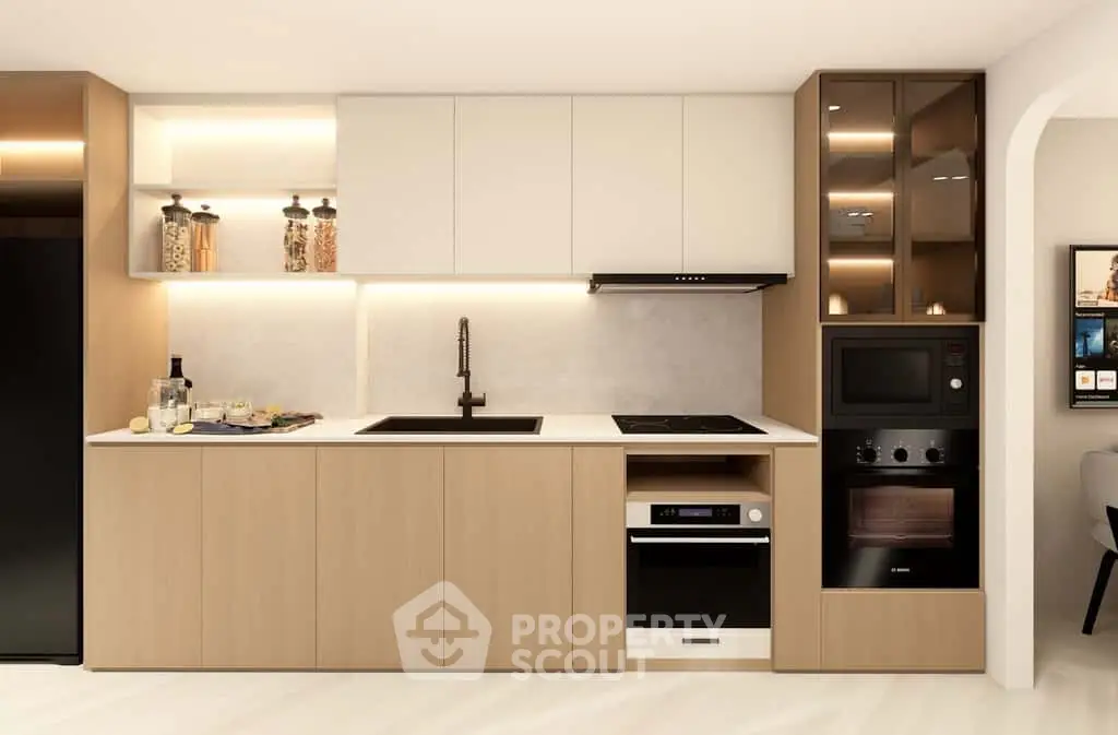 Modern kitchen with sleek cabinetry, built-in appliances, and ambient lighting for a stylish cooking space.