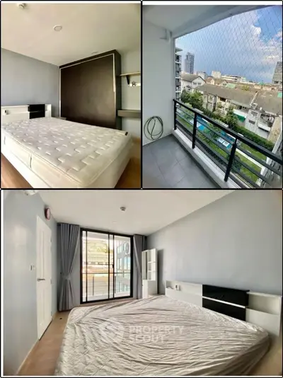 Spacious bedroom with balcony offering city views in modern apartment