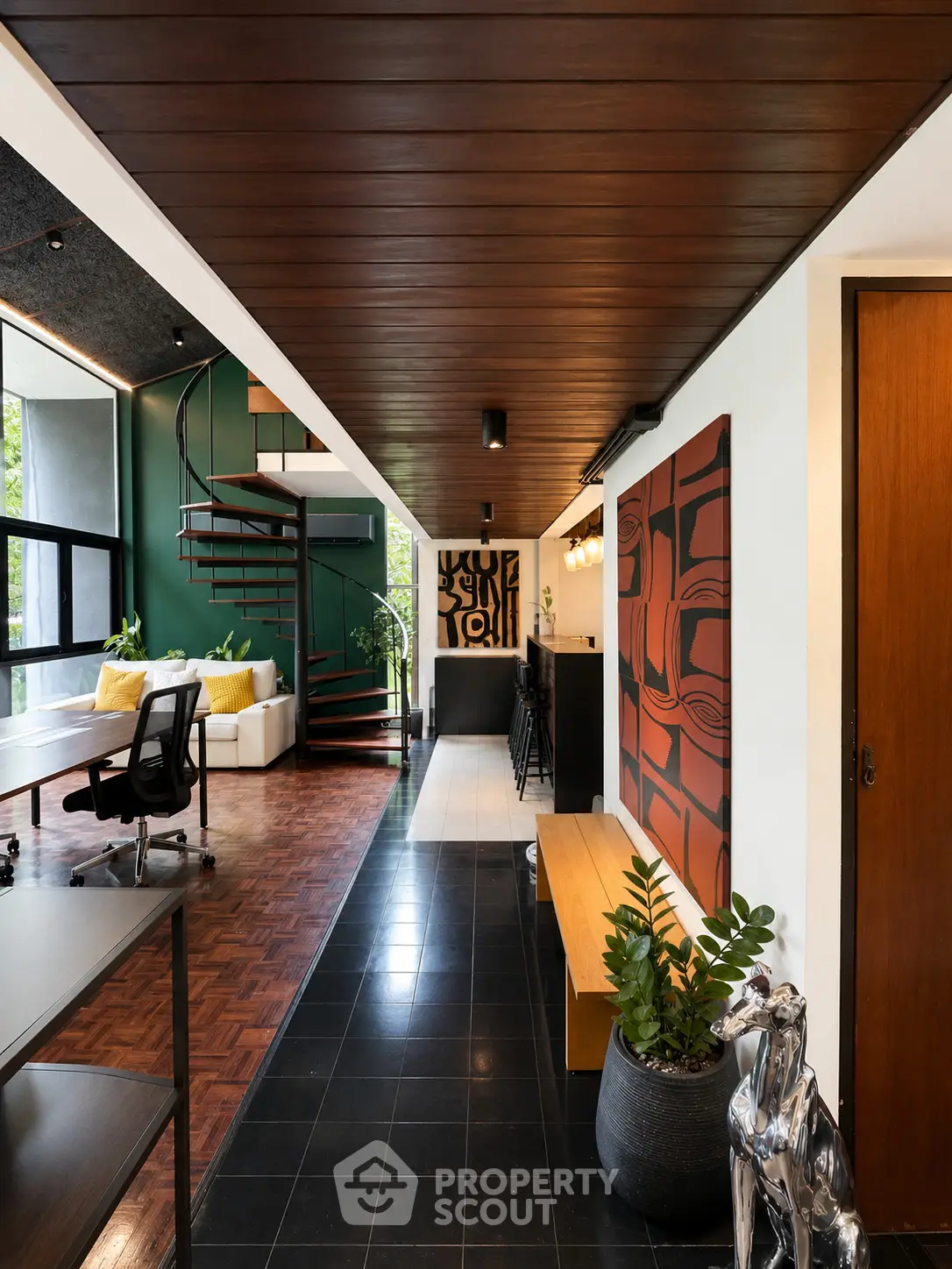 Stunning modern living room with spiral staircase and stylish decor