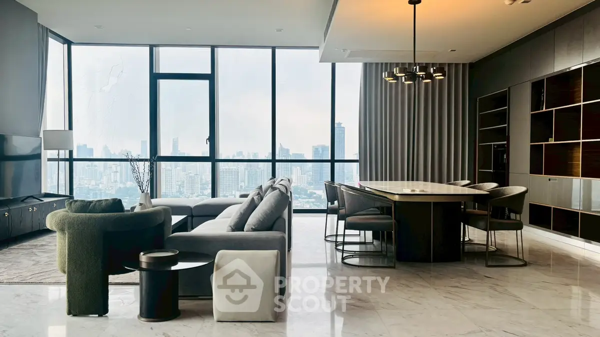 Luxurious modern living room with panoramic city view and elegant dining area.