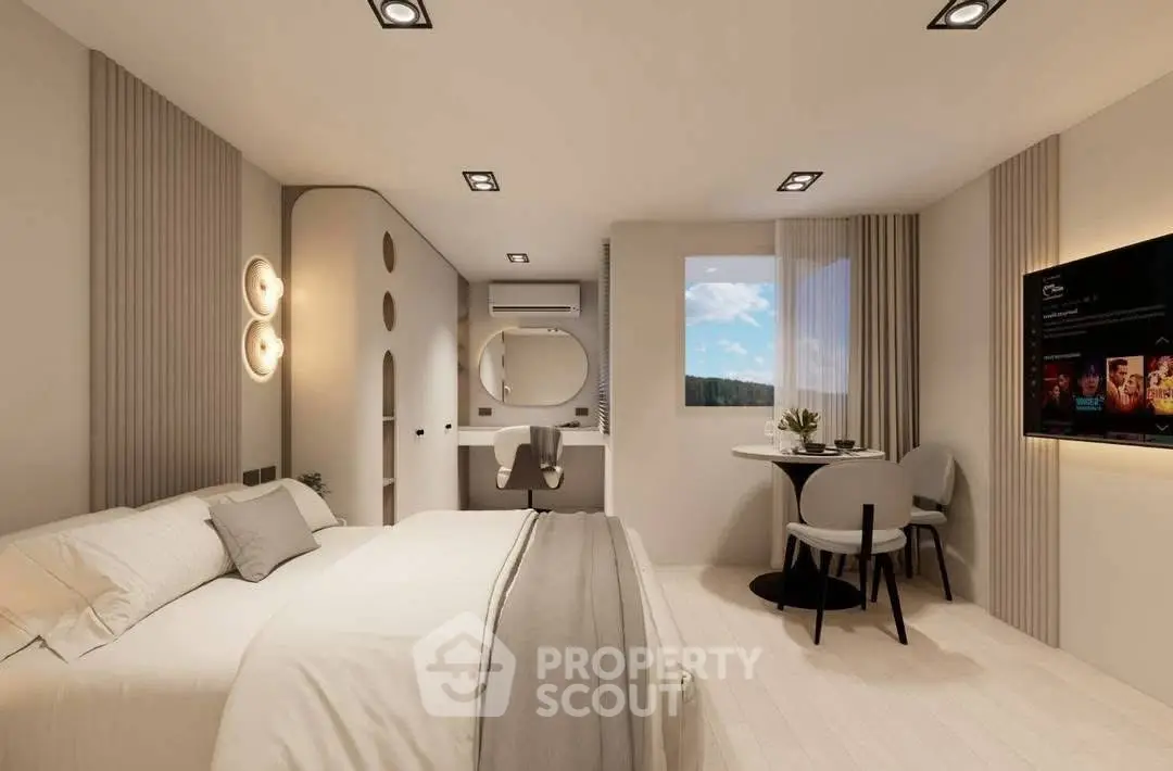 Modern bedroom with elegant decor, featuring a cozy bed, stylish lighting, and a scenic window view.