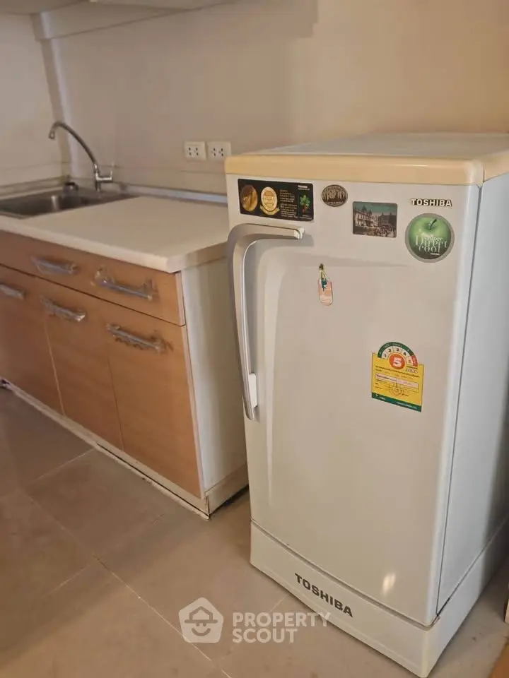 Compact kitchen with single-door fridge and wooden cabinetry, ideal for small apartments.