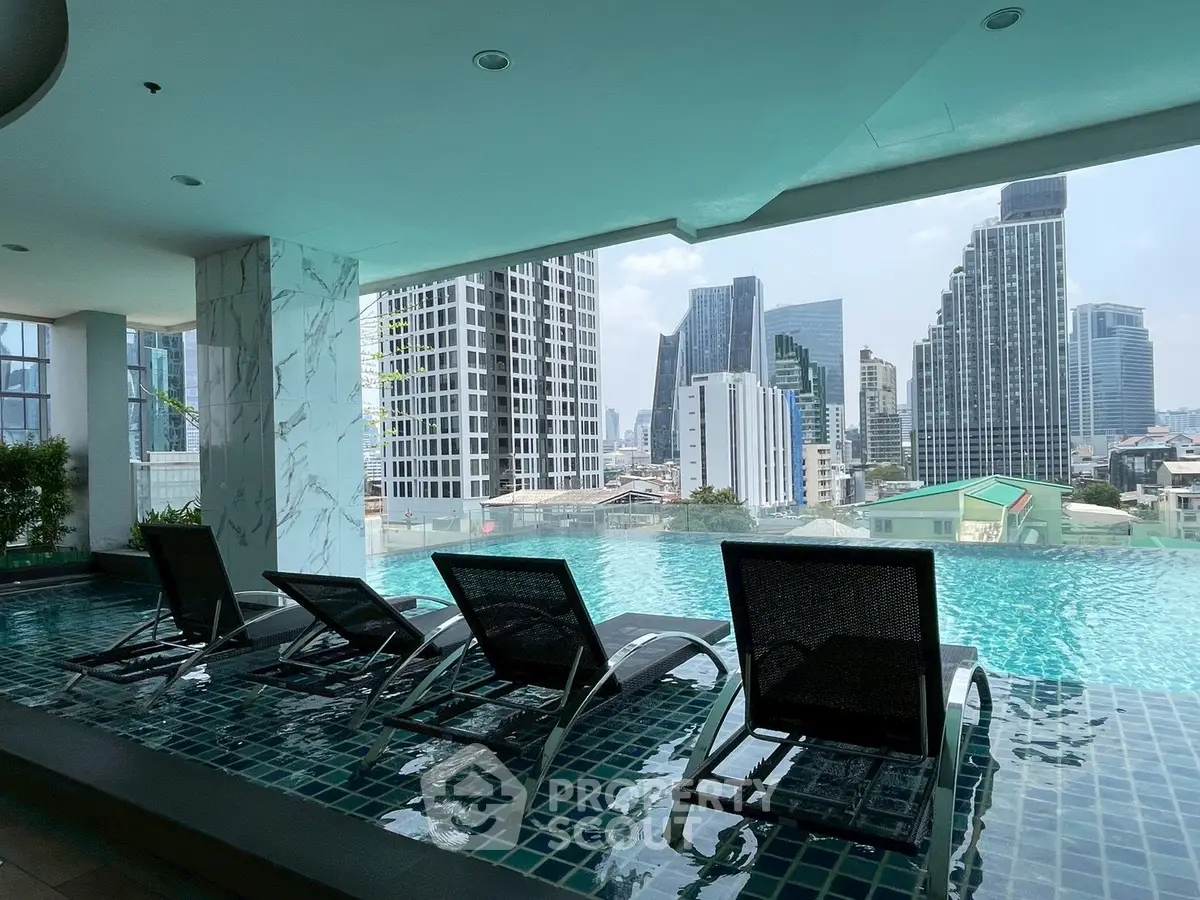 Luxurious rooftop pool with stunning city skyline views in modern high-rise building.