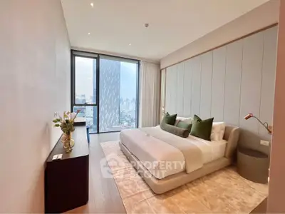 Luxurious modern bedroom with city view and elegant decor