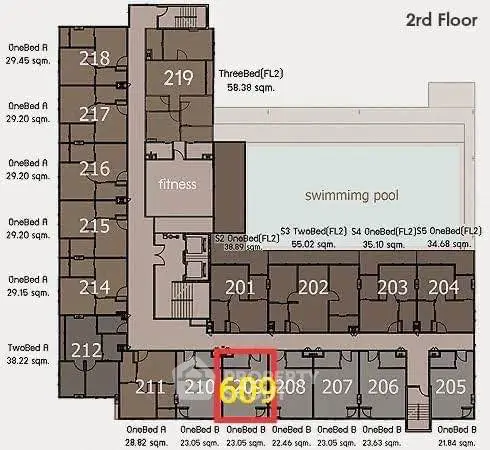 Floor plan of a modern apartment complex with pool and fitness center on the 2nd floor.