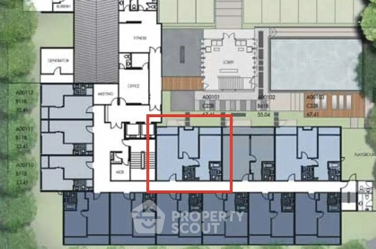 Detailed floor plan of modern residential building with pool and garden area.
